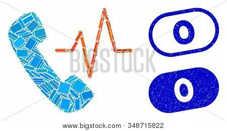 Mosaic Telephony And Rubber Stamp Seals With 0 Caption. Mosaic Vector Telephony Is Created With Rand