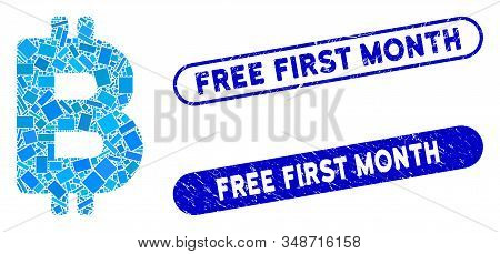 Mosaic Bitcoin Letter And Rubber Stamp Watermarks With Free First Month Caption. Mosaic Vector Bitco