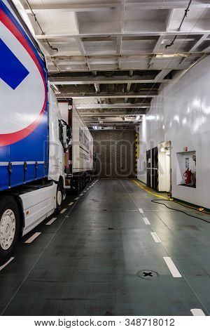 Editorial 08.31.2019 Ms Baltic Princess Trucks Parked On The Car Deck Of A Large Car Ferry Heading F