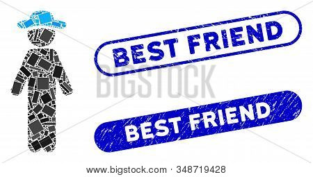 Collage Standing Gentleman And Corroded Stamp Seals With Best Friend Caption. Mosaic Vector Standing