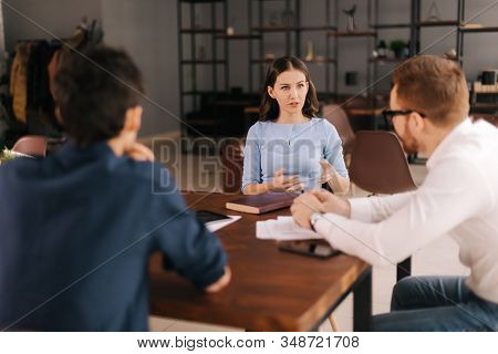 Woman Job Seeker At Interview, Girl Answers Interviewers Questions In Modern Office Room. Young Seri