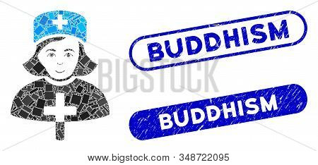 Mosaic Catholic Lady Doctor And Grunge Stamp Seals With Buddhism Text. Mosaic Vector Catholic Lady D