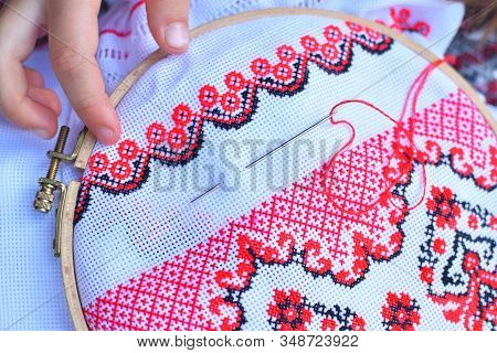 Girl Embroidery Rushnik.hands Of Girl Woman Female In Ukrainian Traditional Shirt Sewing Embroidery 