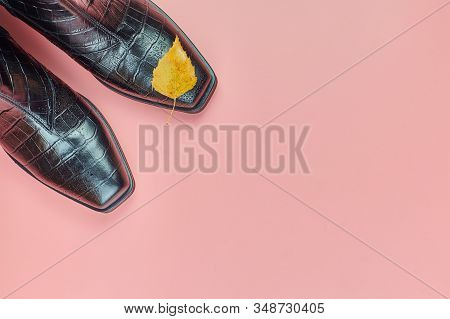 Autumn Waterproof Woman Shoes With Rain Drops, Copy Space. Shoe Care Concept. Rainproof Boots With A
