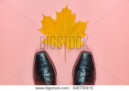 Autumn Waterproof Woman Shoes With Rain Drops, Copy Space. Shoe Care Concept. Rainproof Boots With A
