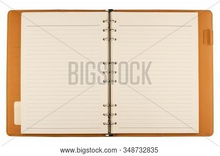 Top View Of Open Light Brown Leather Agenda Notebook With Blank Lined Pages Isolated On White Backgr