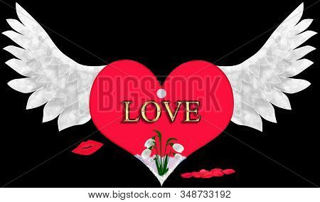 A Heart With Wings, Inscription Love, Inlaid With Rubies And A Diamond On Top. Snowdrops Sprout From