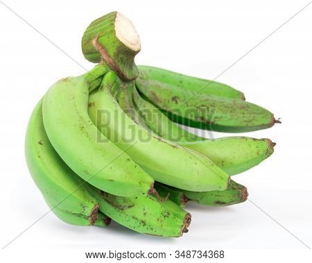 Studio Shot Side View Of Asian Green Banana Bundle Isolated On White