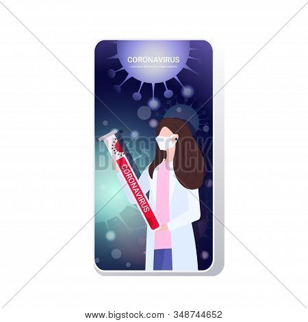 Microbiologist In Mask Holding Tube Coronavirus Biological Sample For Analysis In Laboratory Epidemi