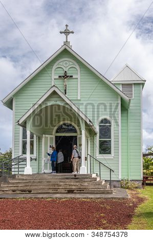 Kalapana, Hawaii, Usa. - January 14, 2020: Mary, Star Of The Sea Catholic Church. Portrait Of Entran