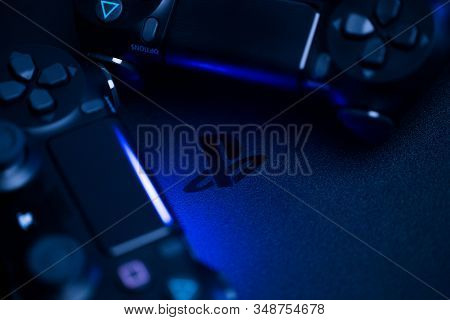 Russia, Oktober 24 2019: Ps4 Console Background. Playstation 4 Controllers. Sony Gaming Console - Im