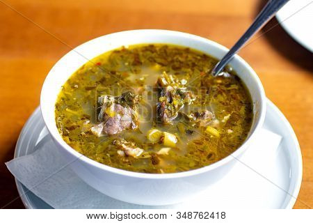 Chakapuli, Meat And Greens Soup In White Plate, Georgian Traditional Food