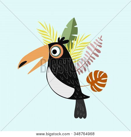 Toucan In The Tropical Leaves. Vector Color Illustration Of Toucan. Drawing Of A Tropical Bird.