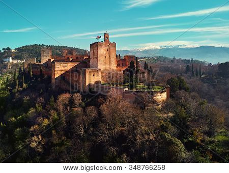 Aerial Drone Point Of View Granada Castle And Surrounding Lands Meadows, Alhambra Or Red Castle, Loc