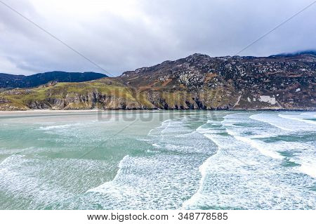 Aerial View Of The Beach And Caves At Maghera Beach Near Ardara, County Donegal - Ireland