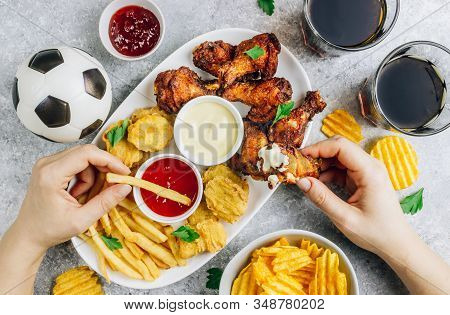 Table Fof Tasty Snacks For Beer Prepared For Watching Sports On Tv. Chicken. Chicken Wings, Chicken 