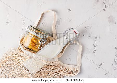 Zero Waste, Plastic-free And Eco-friendly Lifestyle. Cotton Mesh Bag, Glass Bottle And Jar For Packa