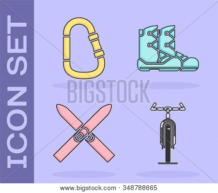 Set Bicycle, Carabiner, Ski And Sticks And Boots Icon. Vector
