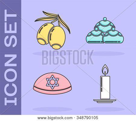 Set Burning Candle In Candlestick, Olives Branch, Jewish Kippah With Star Of David And Jewish Sweet 