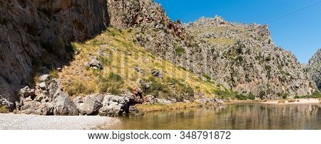 Beautiful Wide Summer Panoramic Nature Landscape. River Torrent De Pareis Between Rocky Mountains. P