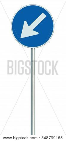 Mandatory Keep Left United Kingdom Uk Road Sign On Pole Post, Large Blue Round Isolated Traffic Lane