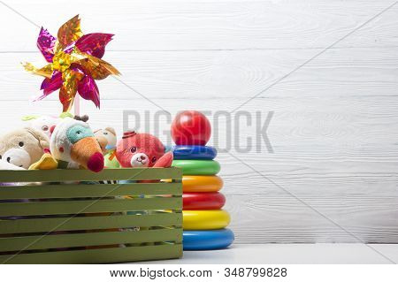 Kids Educational Developing Toys Frame On White Background. Top View. Flat Lay. Copy Space For Text