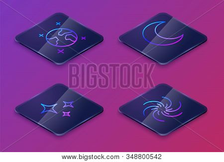 Set Isometric Line Earth Globe, Falling Star, Moon And Stars And Black Hole. Blue Square Button. Vec