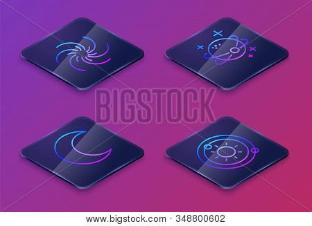 Set Isometric Line Black Hole, Moon And Stars, Planet And Solar System. Blue Square Button. Vector