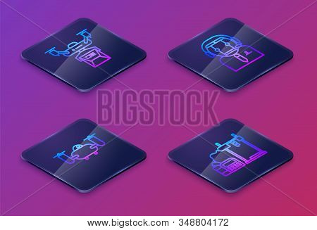 Set Isometric Line Drone Delivery Concept, Drone Flying With Action Camera, Worker Robot And 3d Prin