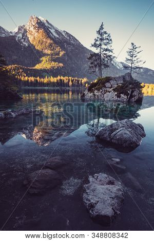 Sunrise At Lake Hintersee In The Alps Of Bavaria On A Beutiful Day In Spring