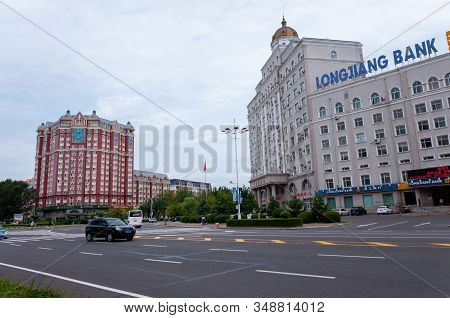 China, Heihe, July 2019: Roadway With Pedestrian Crossings On The Streets Of The Chinese City Of Hei