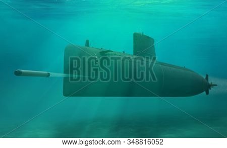 3d Illustration Naval Submarine Firing Torpedo Underwater