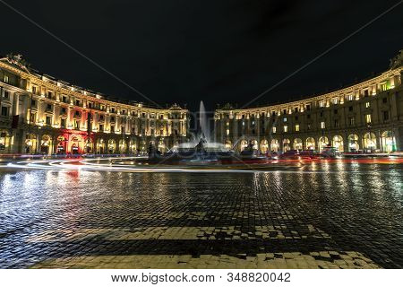 October 18,2019 Piazza Della Repubblica, Rome Italy.lights Reflection On The Road After Rain At Nigh