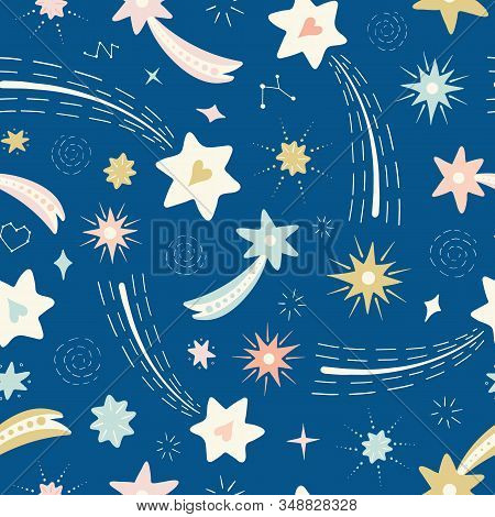 Shooting Star Pattern Background. Bright Fun Vector Seamless Repeat Design In Classic Blue.