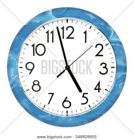 Blue Wall Clock. Isolated On White Background. High Quality Photo.