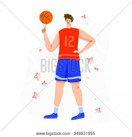 Basketball Player With Ball On Playground, Young Muscular Man In Uniform Playing Match, Guy Standing