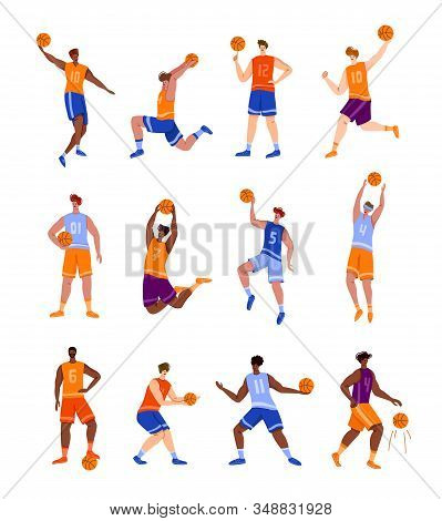 Basketball Players With Ball - Set Of Isolated People Characters, African American And White Men Pla