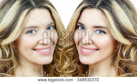 Comparison Portrait Of Adult Woman With And Without Makeup. Isolated On White.