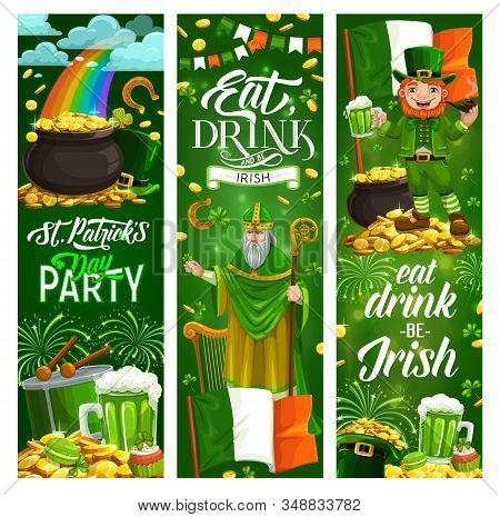 Eat, Drink And Be Irish Motto On Saint Patricks Day. Vector Golden Treasures And Bagpipe, Holy St. P