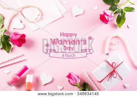 International Women's Day Concept. Woman Lace Lingerie Jewelry Perfume Present With Pink Roses On Br