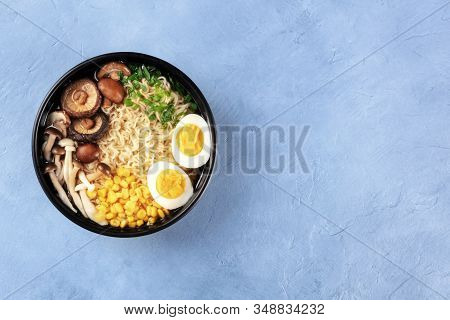 Ramen Noodle Soup. Soba With Eggs, Shiitake And Enoki Mushrooms, Sweetcorn And Scallions, Shot From 
