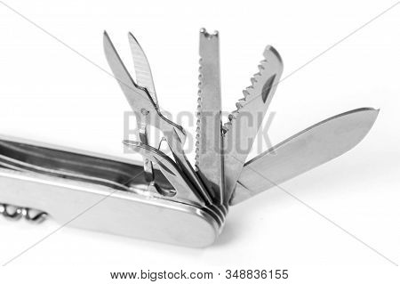 Multi-function Knife On White Background Close-up, Mock-up, Blank For Your Design