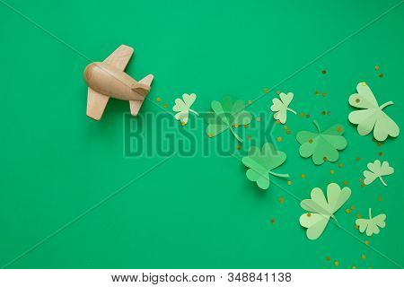 St. Patricks Day, Plane Luck Shamrock On A Green Background