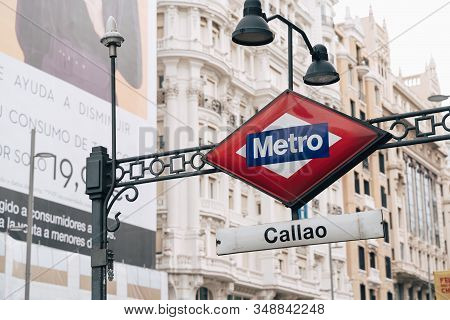 Madrid, Spain - January 25, 2020: Sign For The Callao Metro Station Stop On The Madrid Metro Subway 