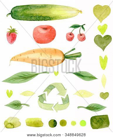 Set Of Green Vegetables And Berries, Leaves And Hearts On A White Background Isolated. Vegan,