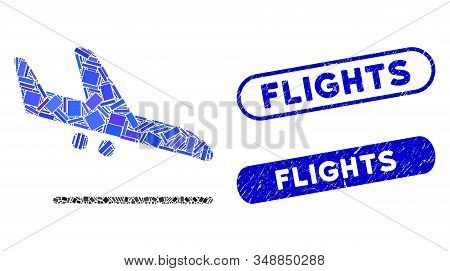 Collage Aiplane Landing And Grunge Stamp Seals With Flights Phrase. Mosaic Vector Aiplane Landing Is