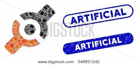 Mosaic Artificial Joint And Corroded Stamp Seals With Artificial Caption. Mosaic Vector Artificial J