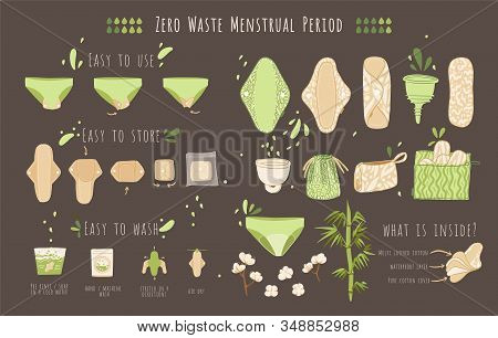 Zero Waste Woman Menstrual Period Vector Cartoon Flat Set With Eco Friendly Products - Reusable Mens