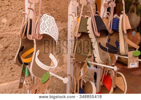 Menorca, Spain - October 14, 2019: Traditional Menorca Sandals (named Avarca) At The Local Store