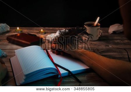 Flour, Writer, Search, Inspiration. Poet, Pistel, Hand Of A European Man Writes With A Pen In A Note
